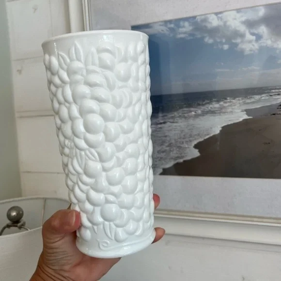 Vintage Textured Fruit Pattern Milk Glass Vase - Picture 3 of 14
